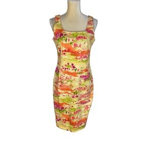 Barry Bricken Yellow Pastel Watercolor Floral Dress Sleeveless‎ Sheath Size 4